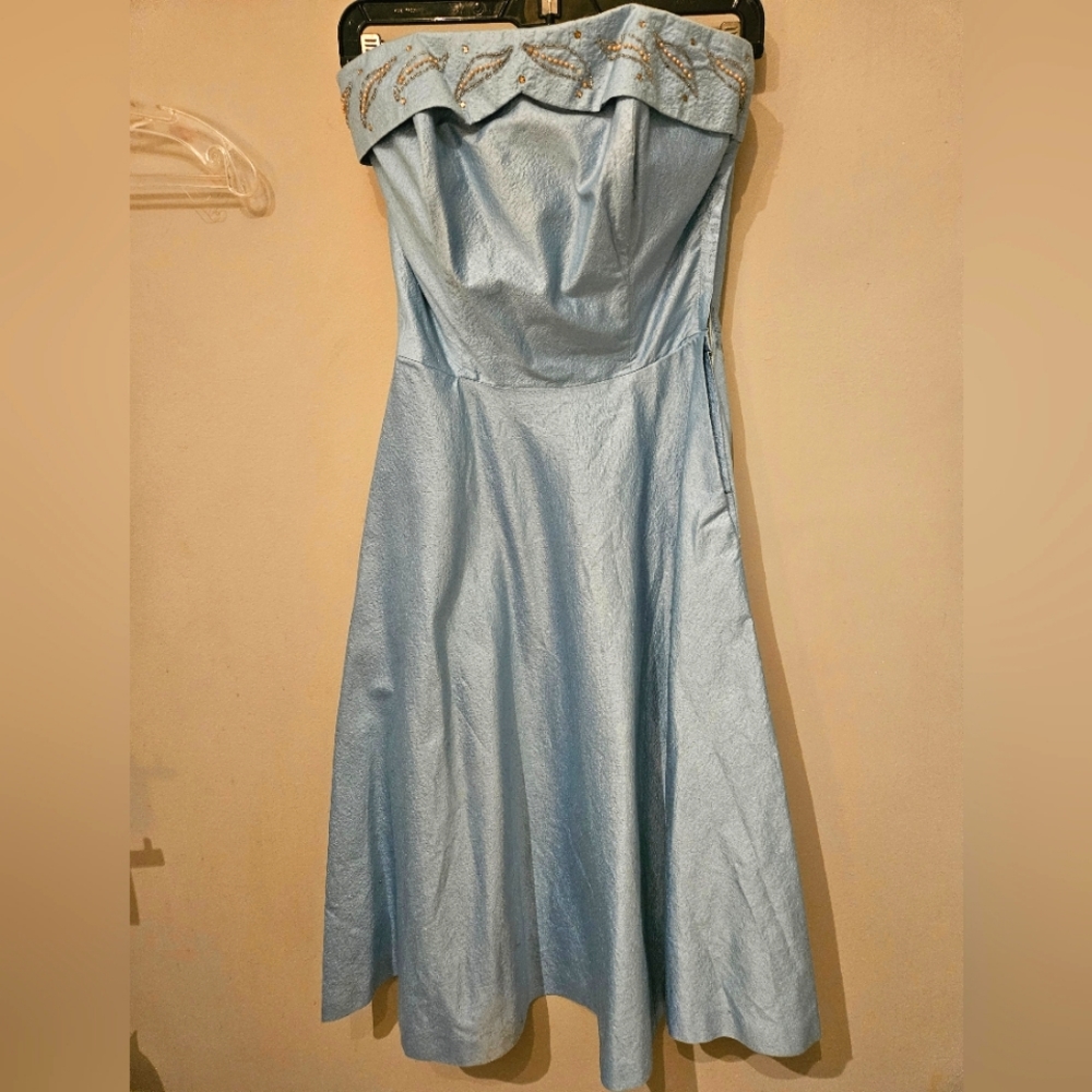 VINTAGE Baby Blue and Pink Prom Cocktail Dress with Cape, Beading, POCKETS